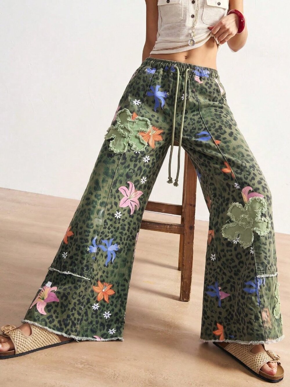 Army Green Casual Women's Leopard Print Floral Wide Leg Loose Long Pants - Picture 3 of 7